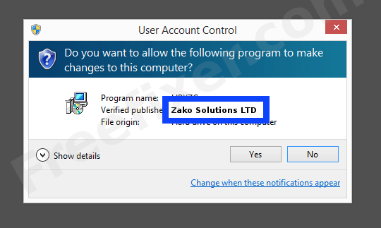Screenshot where Zako Solutions LTD appears as the verified publisher in the UAC dialog